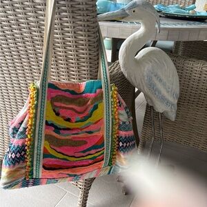 Boho Multicolor Embroidered Tote Bag with Pom Trim